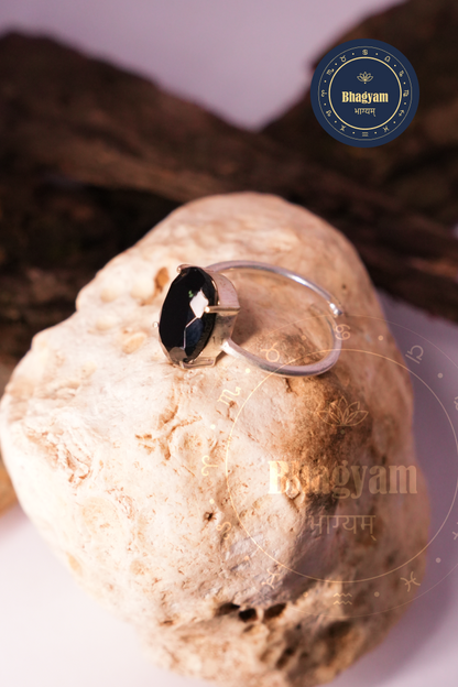 Black Tourmaline Silver Plated Adjustable Ring