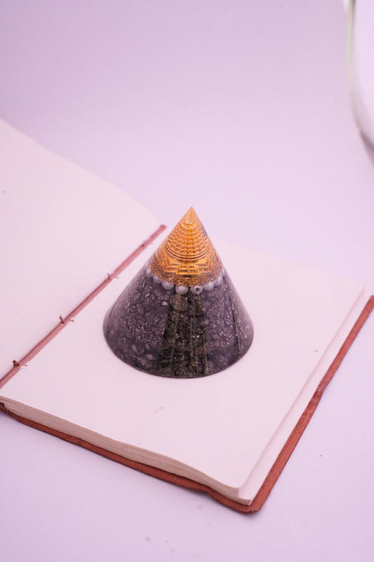 Pyrite Meru Orgonite Pyramid With Shree Yantra