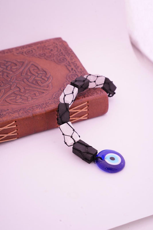 Selenite and Black Tourmaline Evil eye Hanger